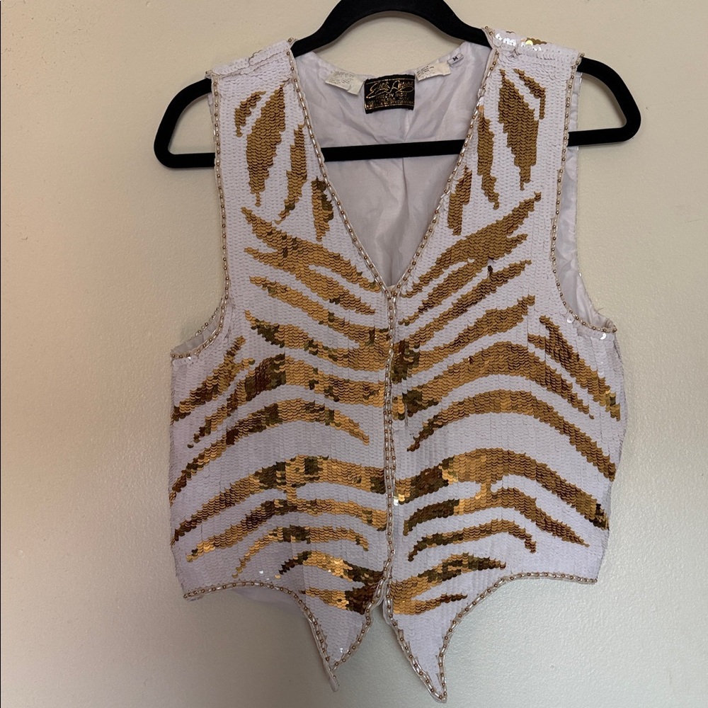 Allure M White and Gold Sequin Zebra Vest